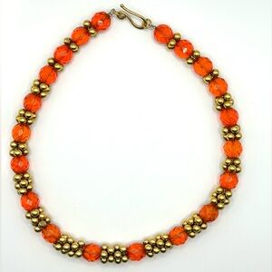 Vintage Orange Faceted Glass Bead Necklace – Gold-Tone Spacer Beads, Hook Clasp
